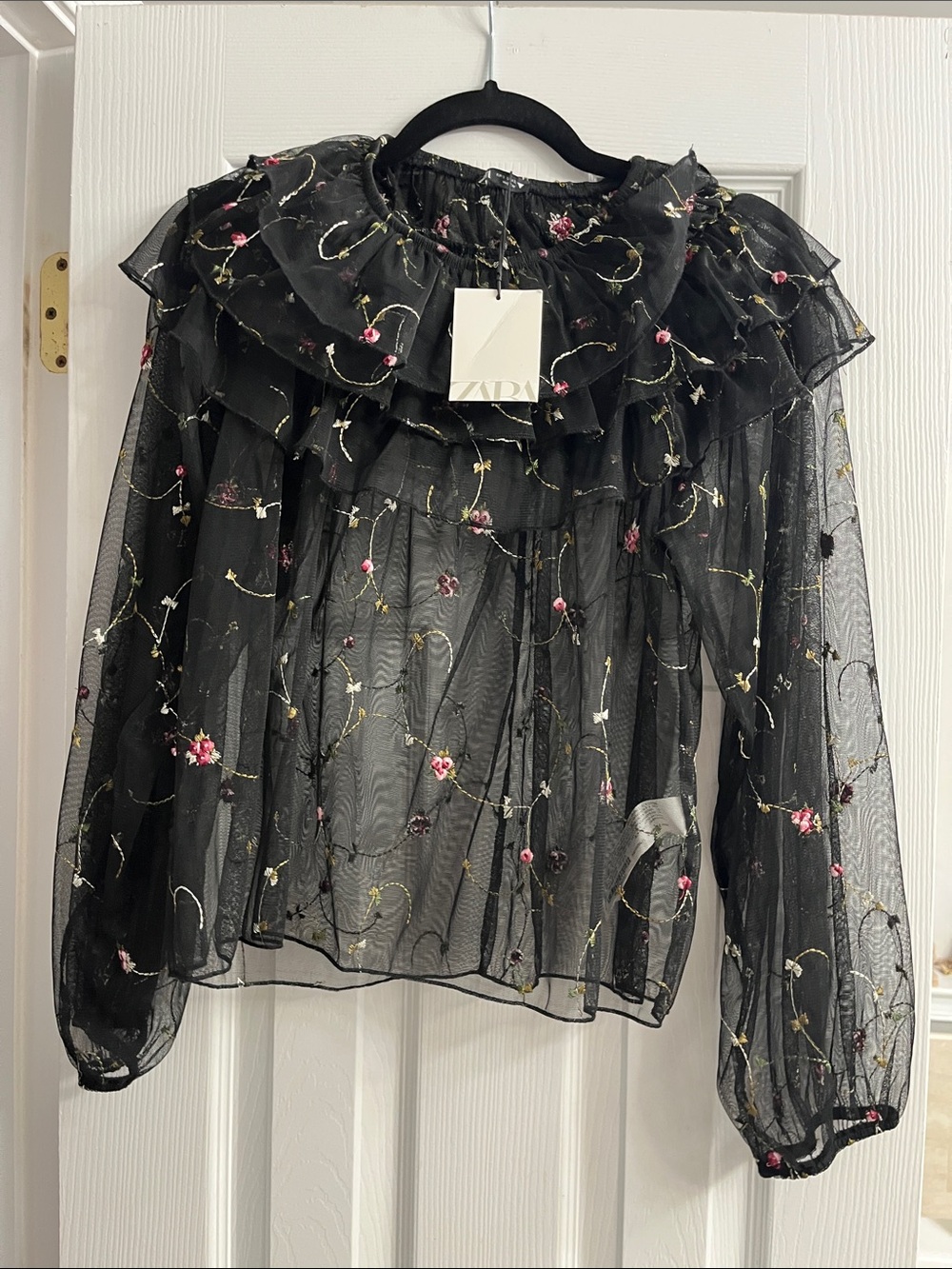 Zara Black Sheer Embroidered Floral Ruffle Blouse